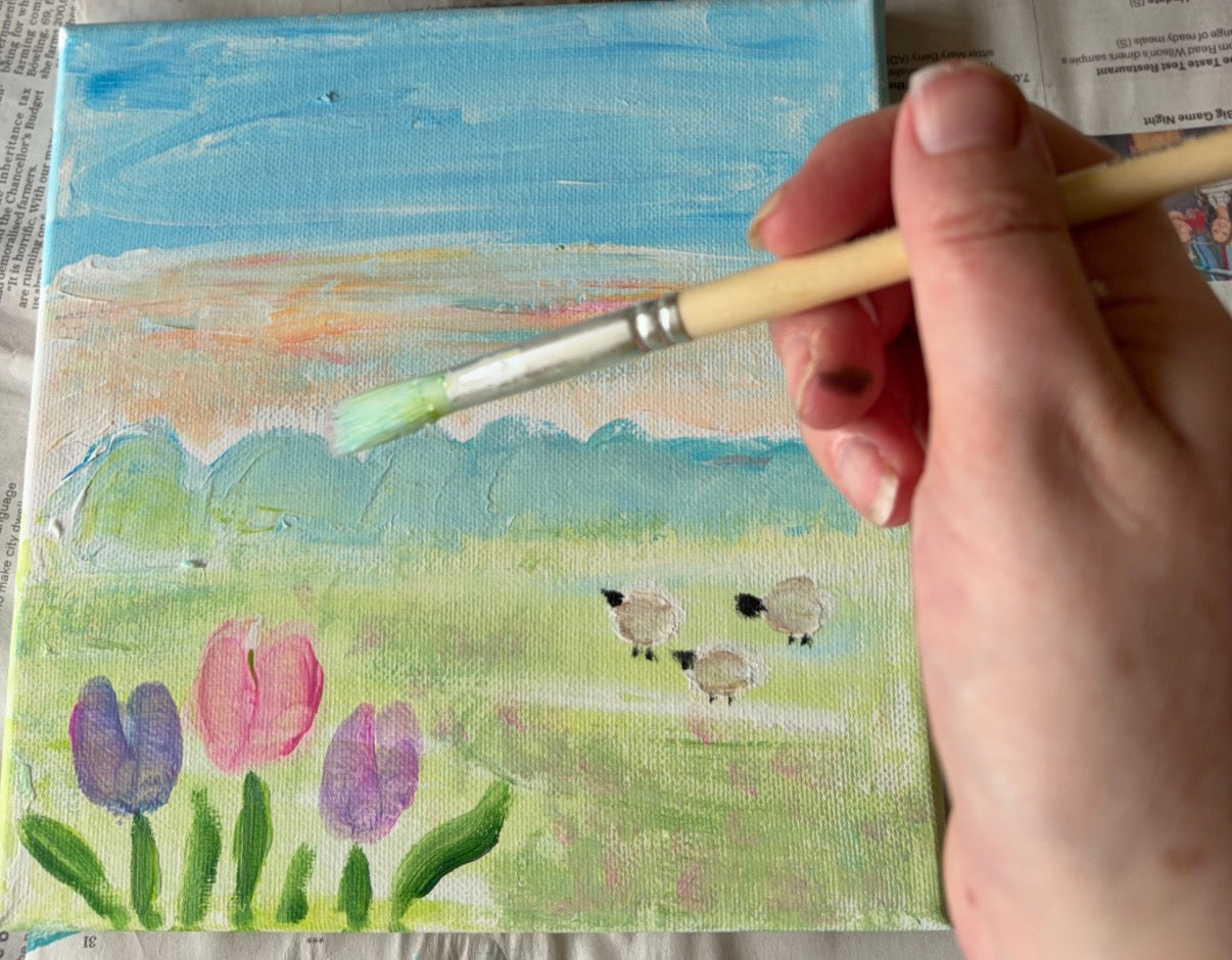 Beginners Acrylic Flowers & Sheep in landscape with Love Painting Garstang